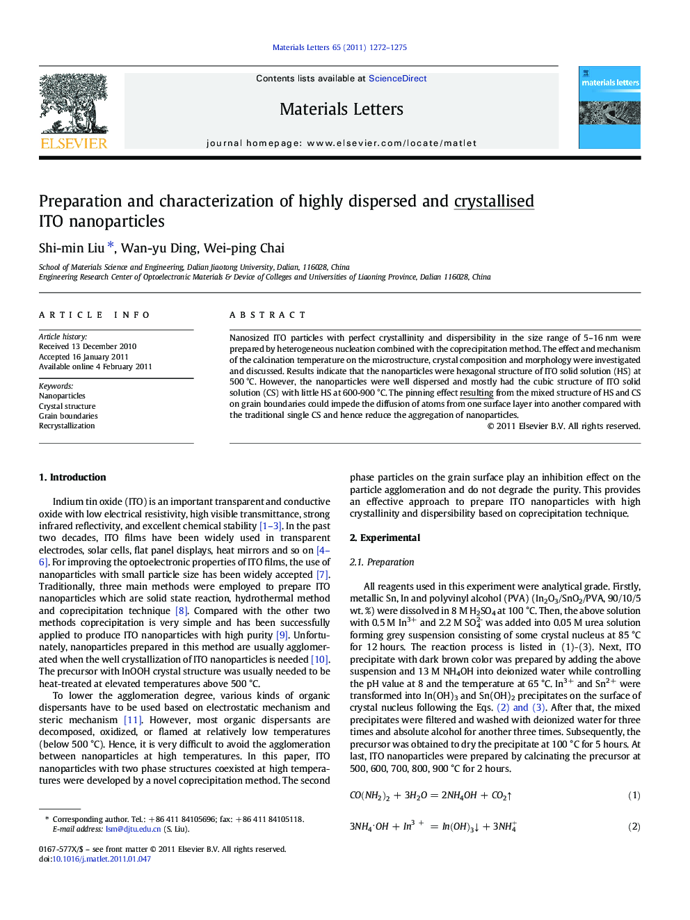 Preparation and characterization of highly dispersed and crystallised ITO nanoparticles