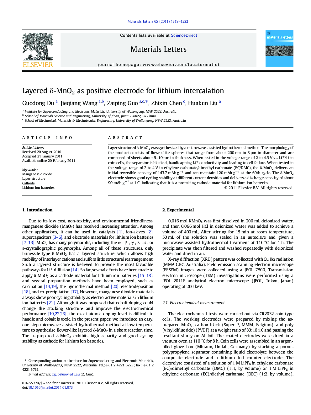 Layered δ-MnO2 as positive electrode for lithium intercalation