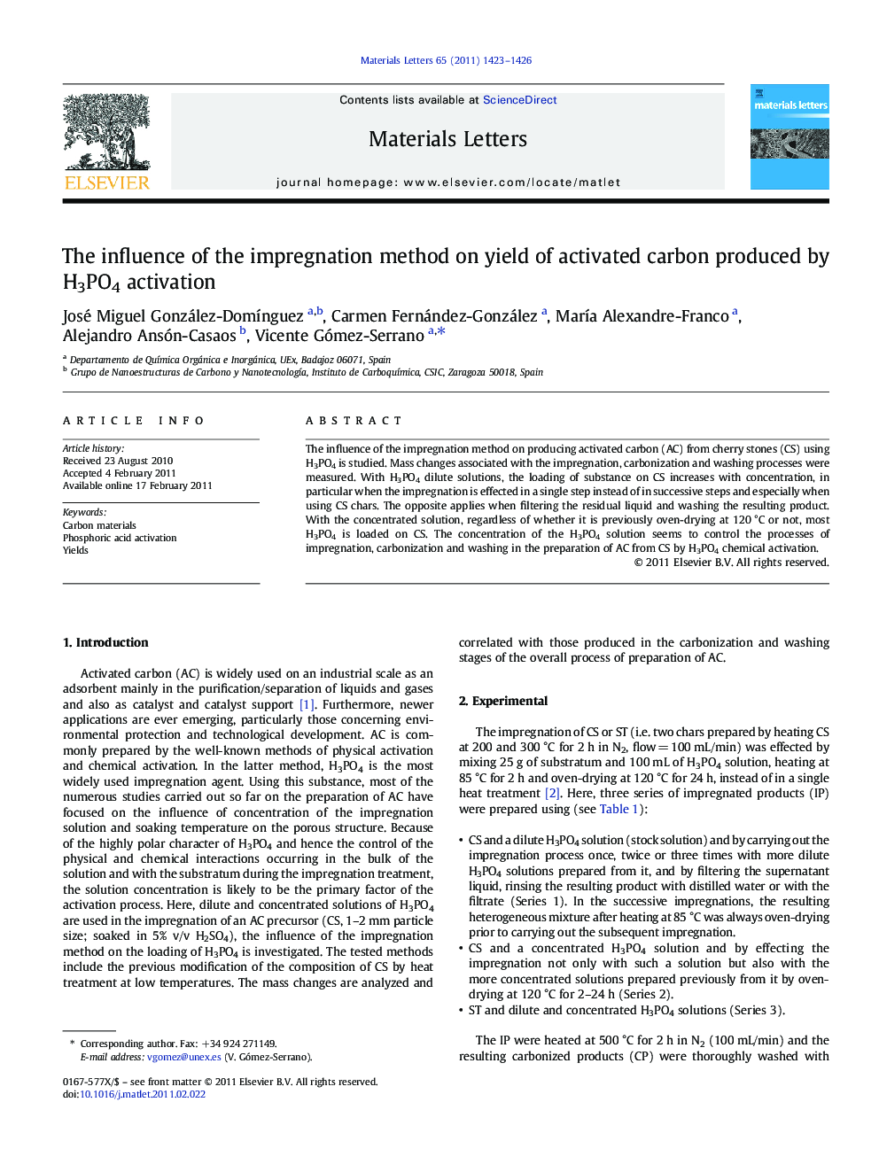 The influence of the impregnation method on yield of activated carbon produced by H3PO4 activation