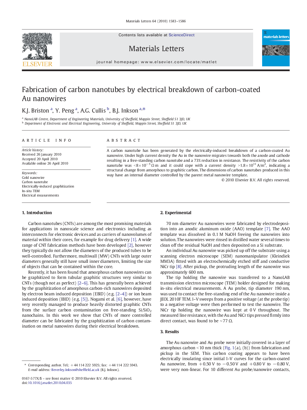 Fabrication of carbon nanotubes by electrical breakdown of carbon-coated Au nanowires