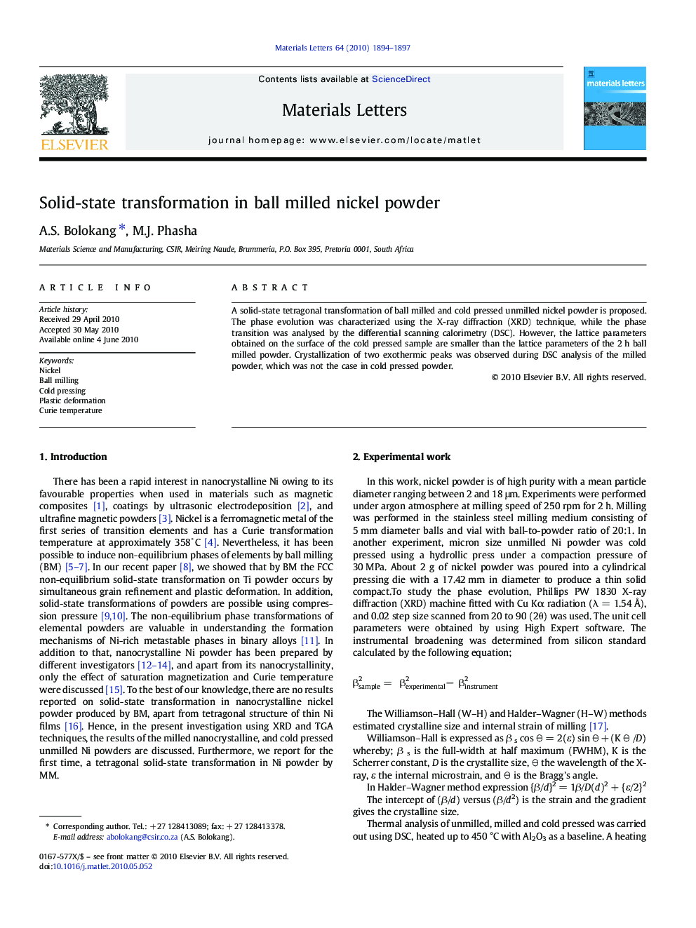 Solid-state transformation in ball milled nickel powder