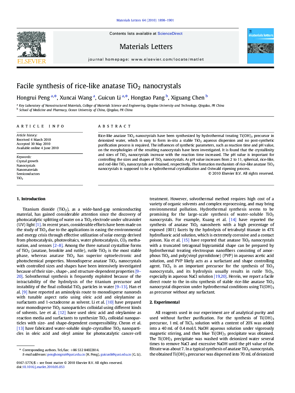 Facile synthesis of rice-like anatase TiO2 nanocrystals