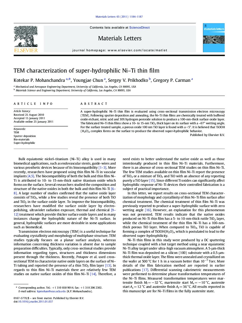 TEM characterization of super-hydrophilic Ni–Ti thin film