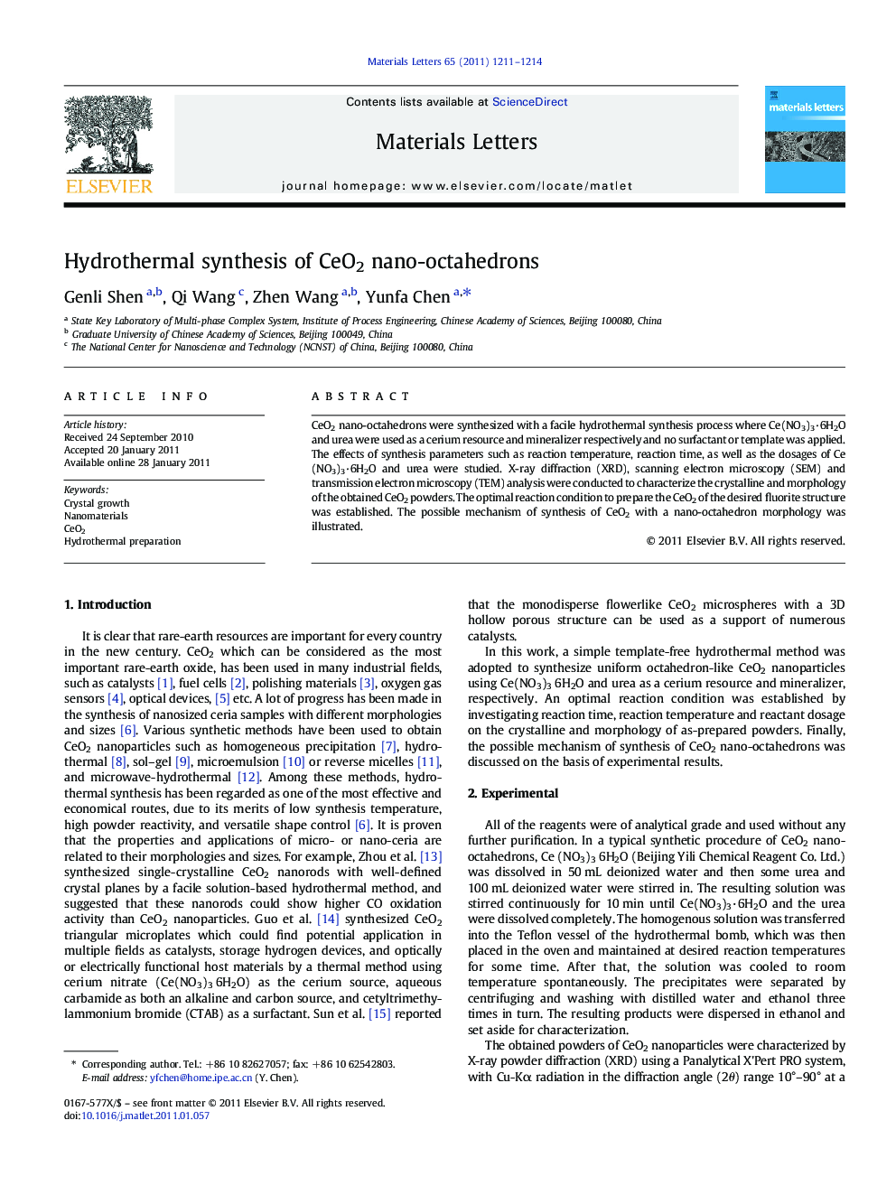 Hydrothermal synthesis of CeO2 nano-octahedrons