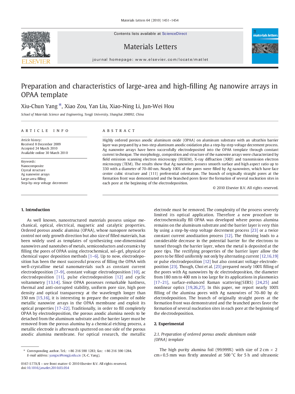 Preparation and characteristics of large-area and high-filling Ag nanowire arrays in OPAA template