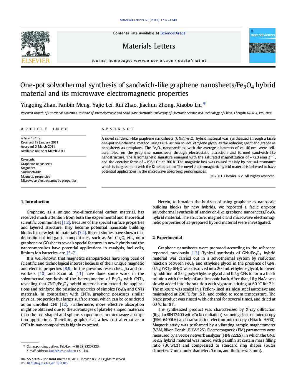 One-pot solvothermal synthesis of sandwich-like graphene nanosheets/Fe3O4 hybrid material and its microwave electromagnetic properties