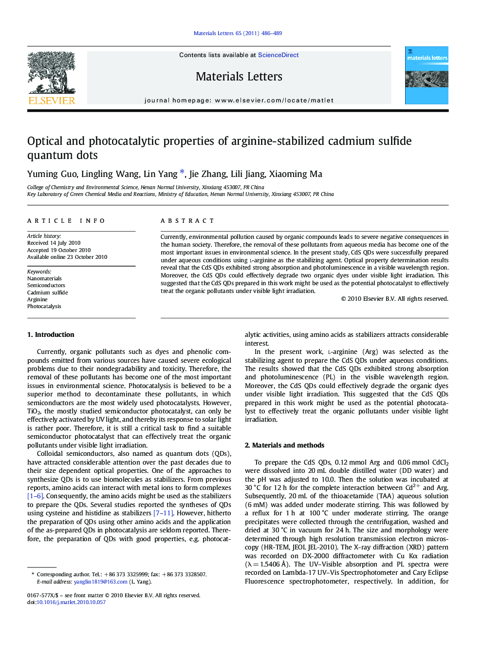 Optical and photocatalytic properties of arginine-stabilized cadmium sulfide quantum dots