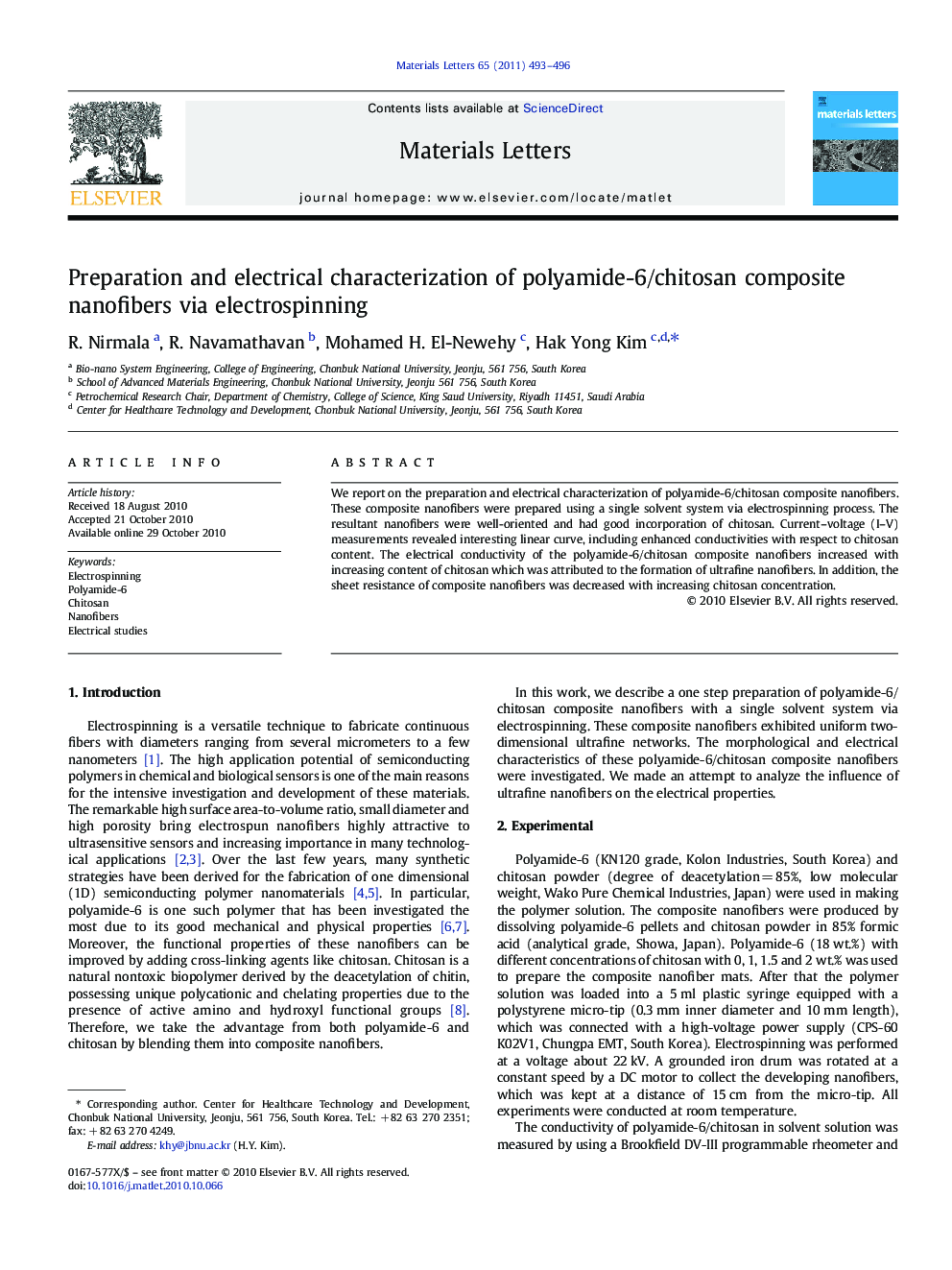 Preparation and electrical characterization of polyamide-6/chitosan composite nanofibers via electrospinning