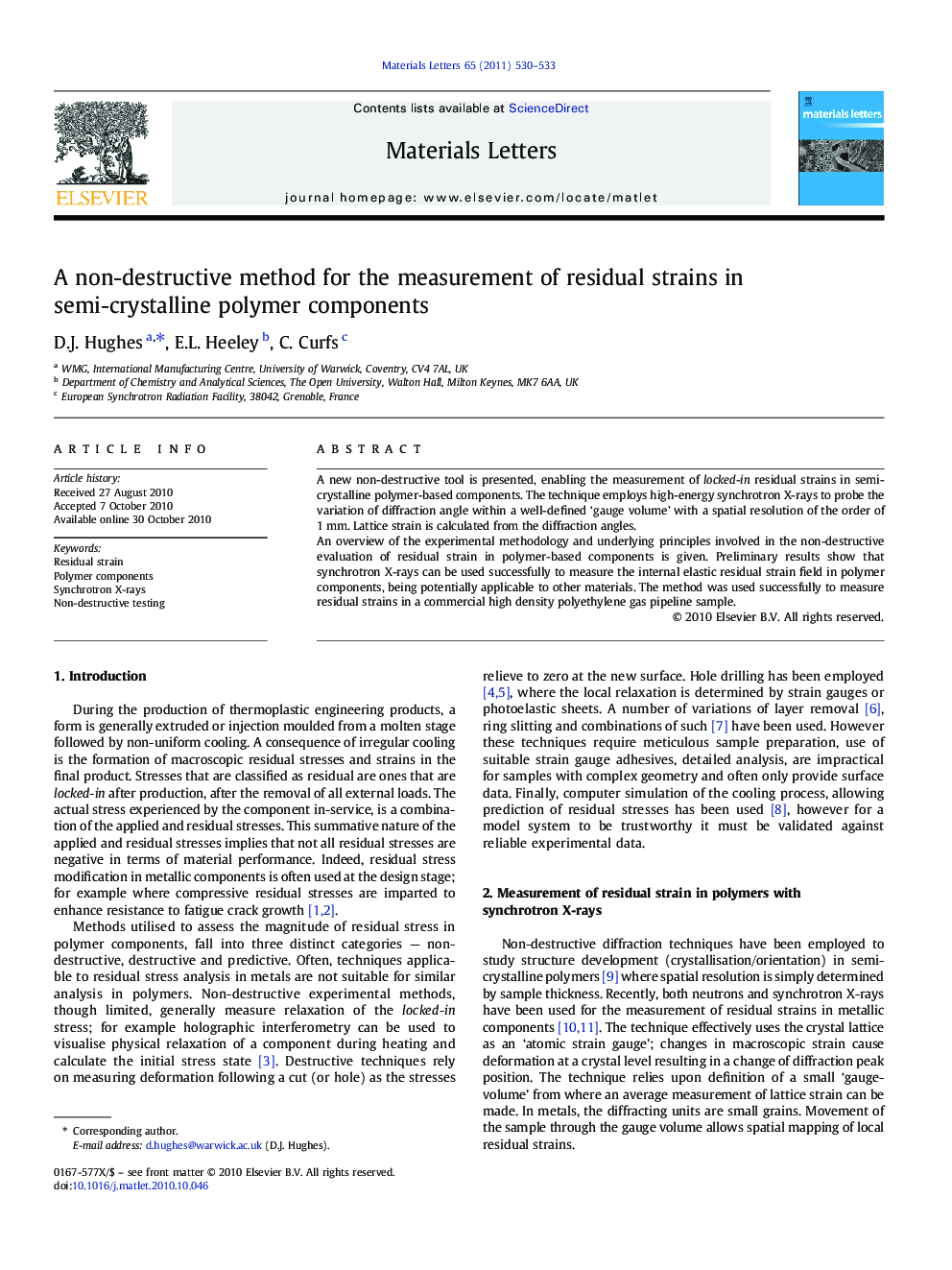 A non-destructive method for the measurement of residual strains in semi-crystalline polymer components