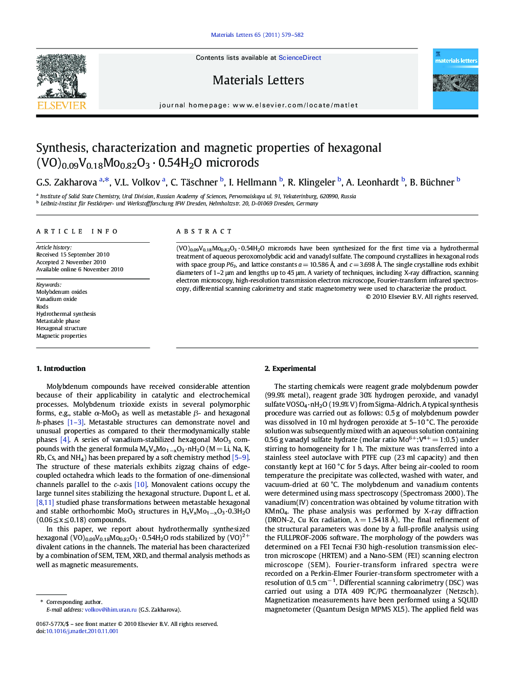 Synthesis, characterization and magnetic properties of hexagonal (VO)0.09V0.18Mo0.82O3 · 0.54H2O microrods