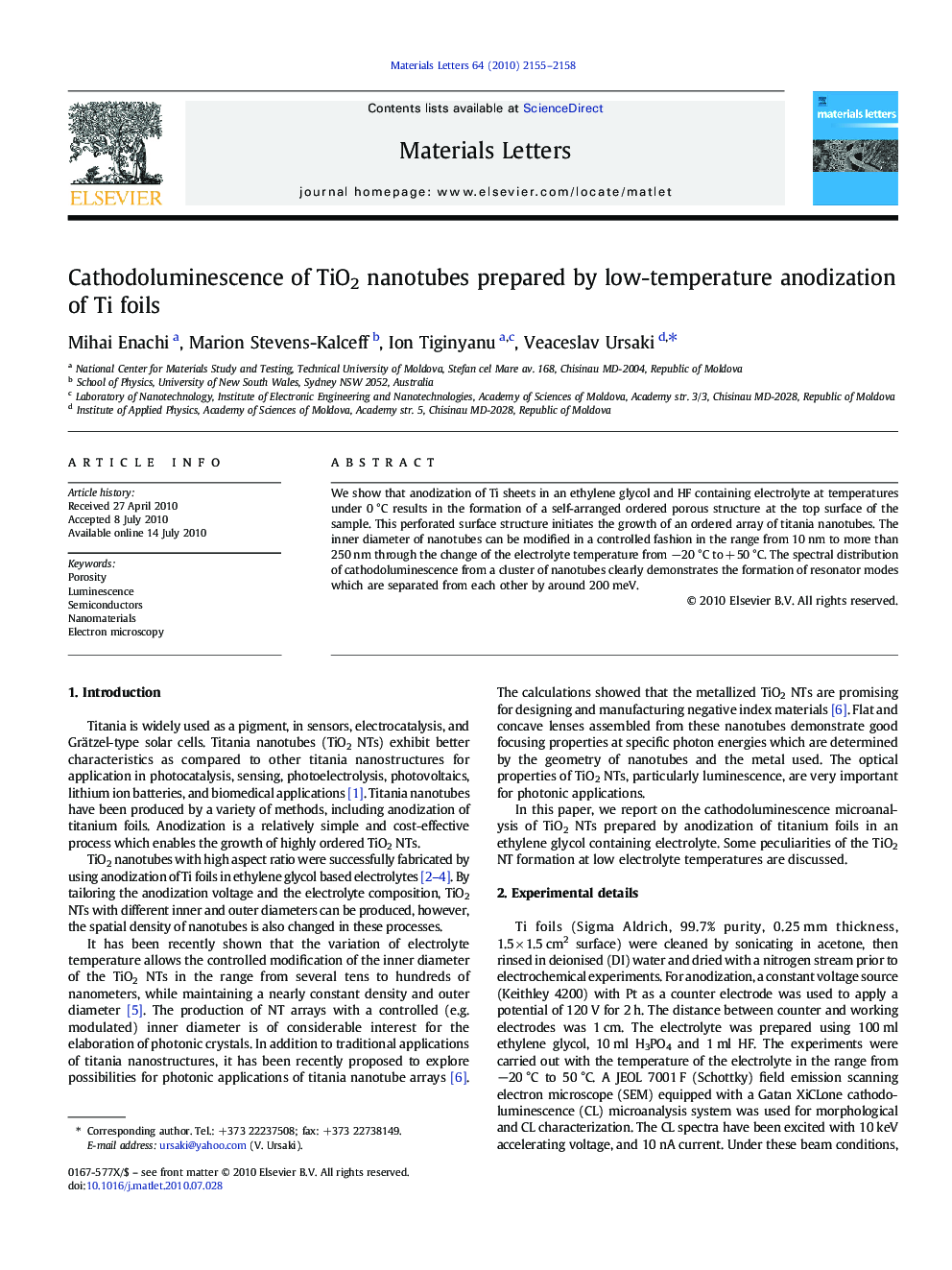 Cathodoluminescence of TiO2 nanotubes prepared by low-temperature anodization of Ti foils