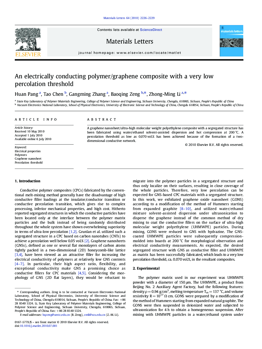 An electrically conducting polymer/graphene composite with a very low percolation threshold