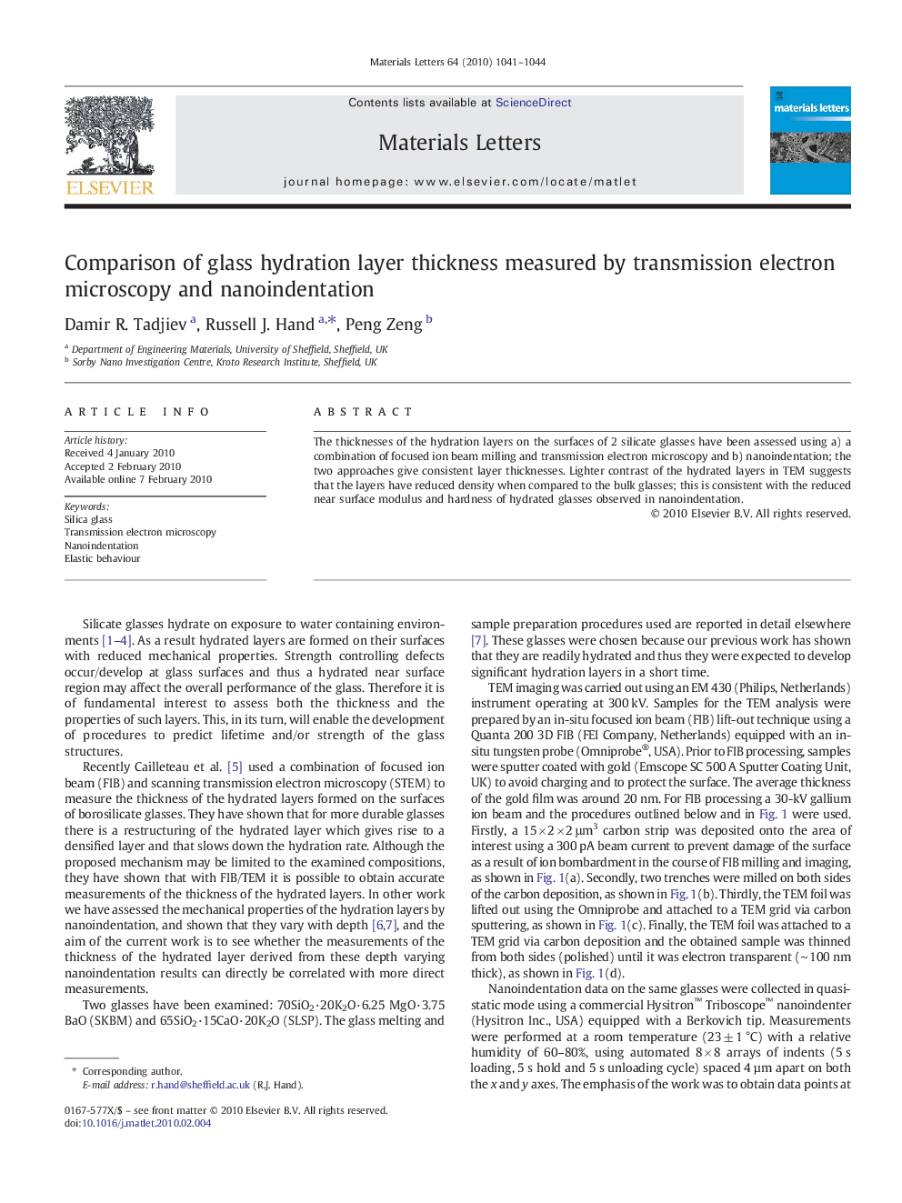 Comparison of glass hydration layer thickness measured by transmission electron microscopy and nanoindentation