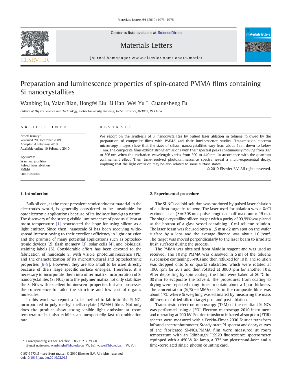 Preparation and luminescence properties of spin-coated PMMA films containing Si nanocrystallites