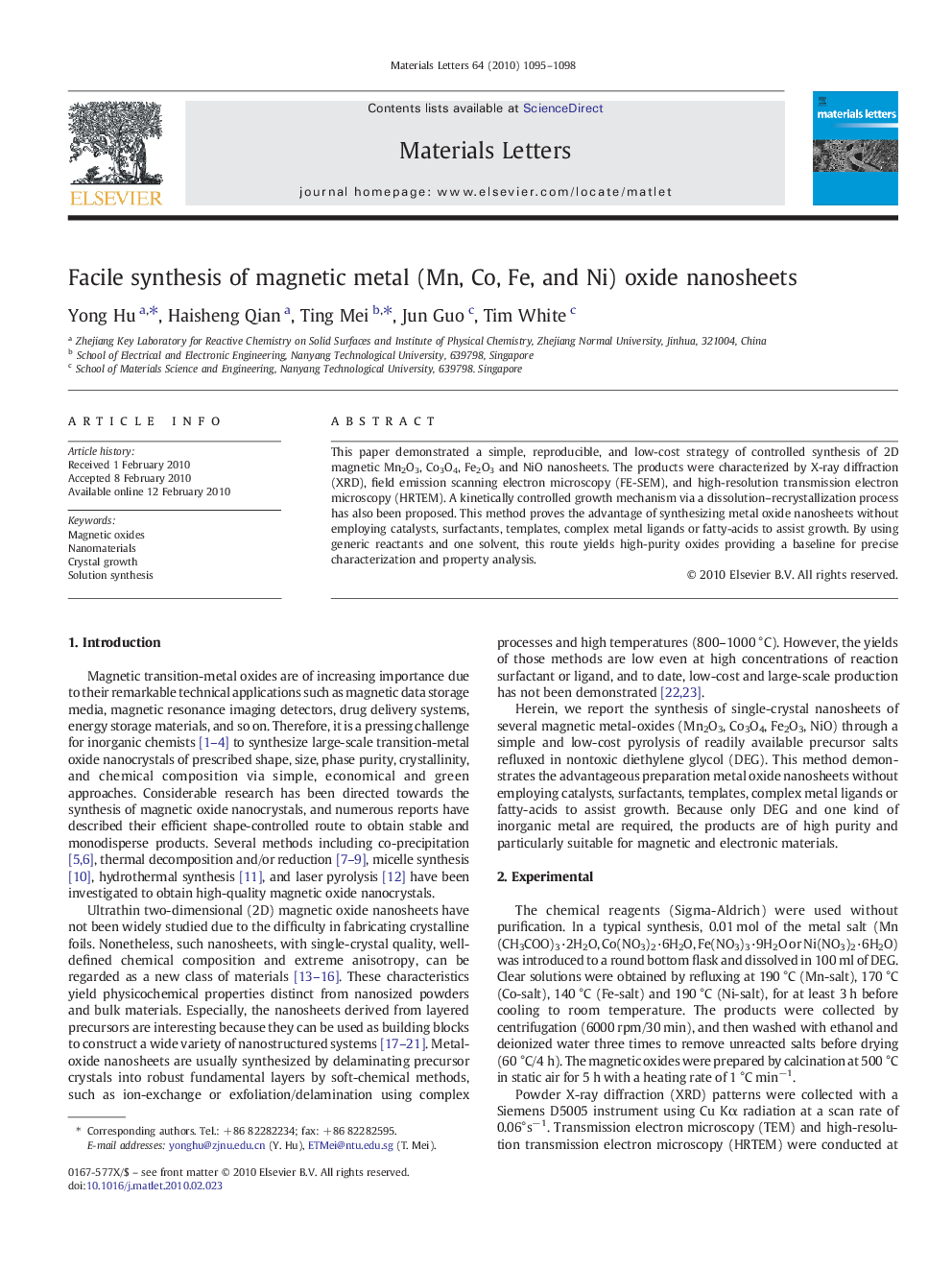 Facile synthesis of magnetic metal (Mn, Co, Fe, and Ni) oxide nanosheets