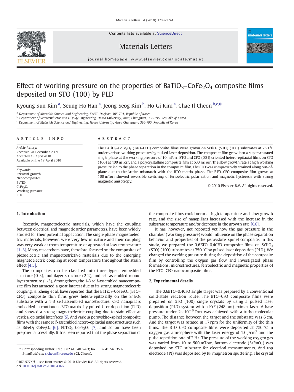 Effect of working pressure on the properties of BaTiO3–CoFe2O4 composite films deposited on STO (100) by PLD