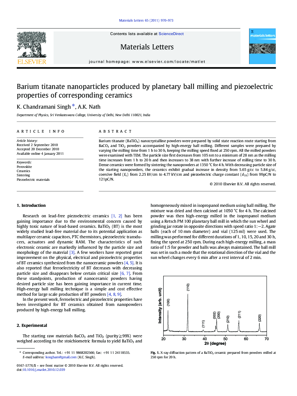 Barium titanate nanoparticles produced by planetary ball milling and piezoelectric properties of corresponding ceramics