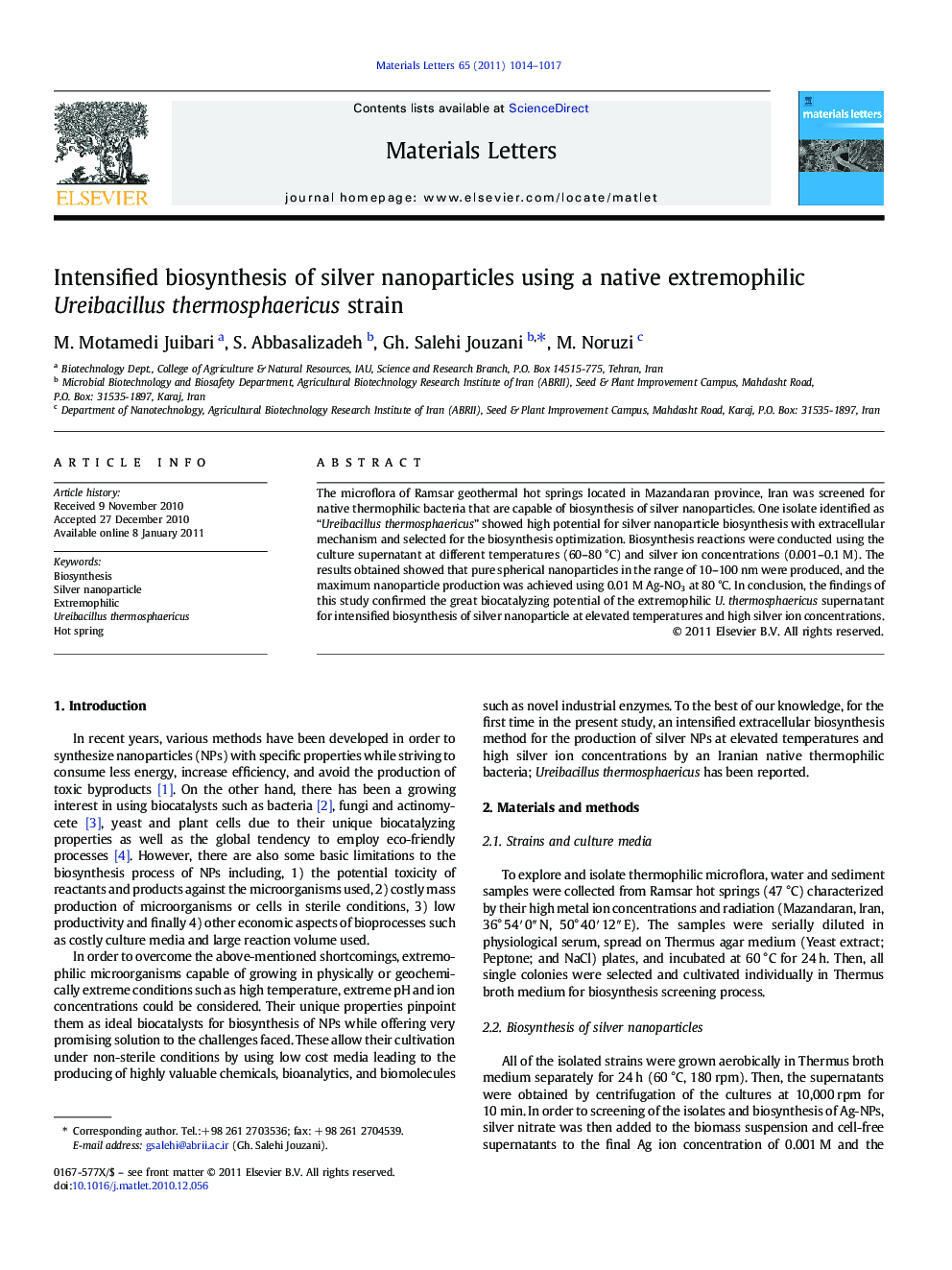 Intensified biosynthesis of silver nanoparticles using a native extremophilic Ureibacillus thermosphaericus strain