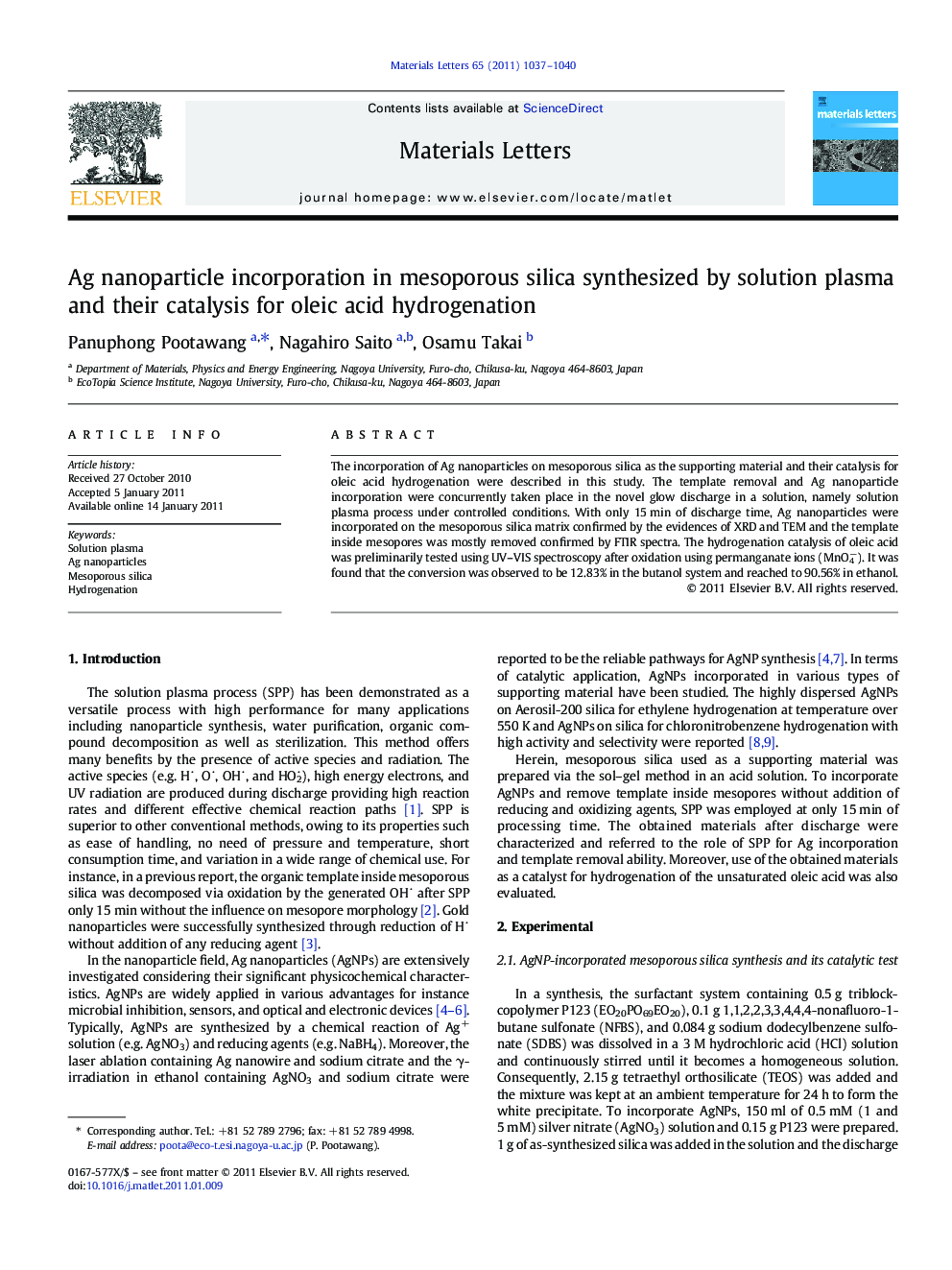 Ag nanoparticle incorporation in mesoporous silica synthesized by solution plasma and their catalysis for oleic acid hydrogenation