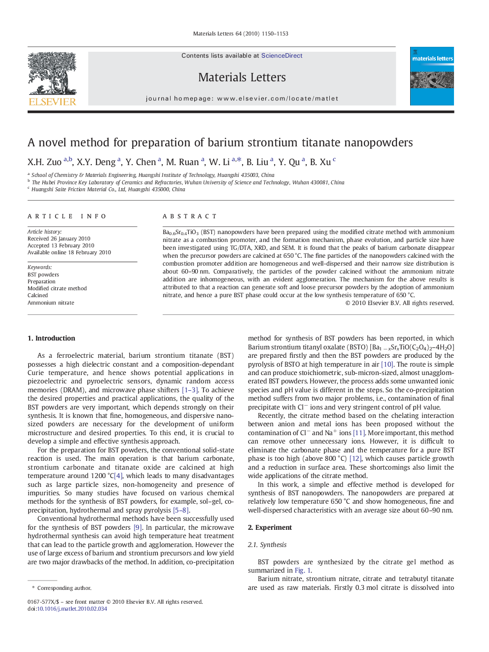 A novel method for preparation of barium strontium titanate nanopowders