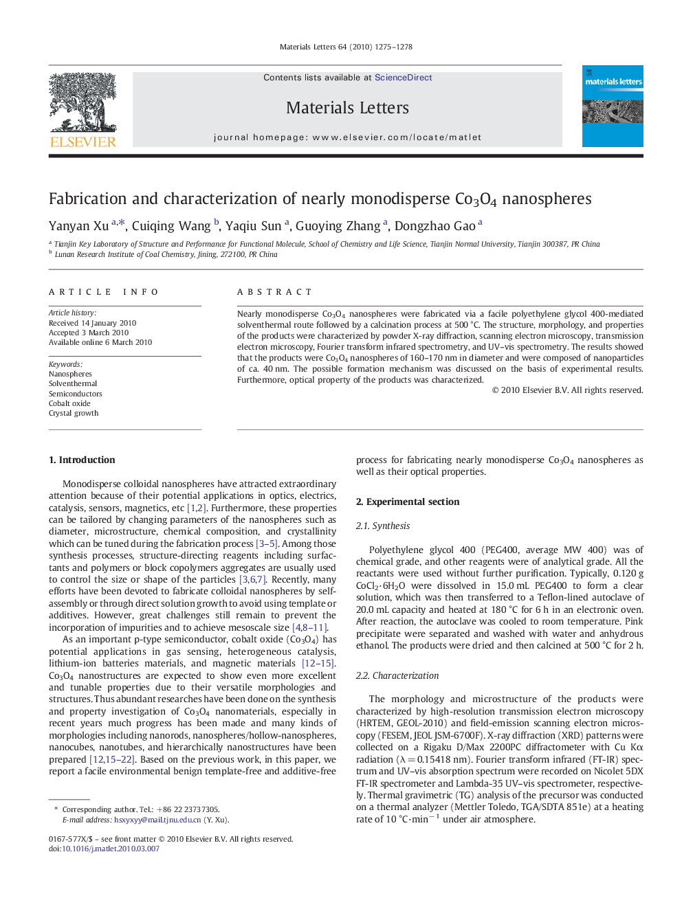 Fabrication and characterization of nearly monodisperse Co3O4 nanospheres