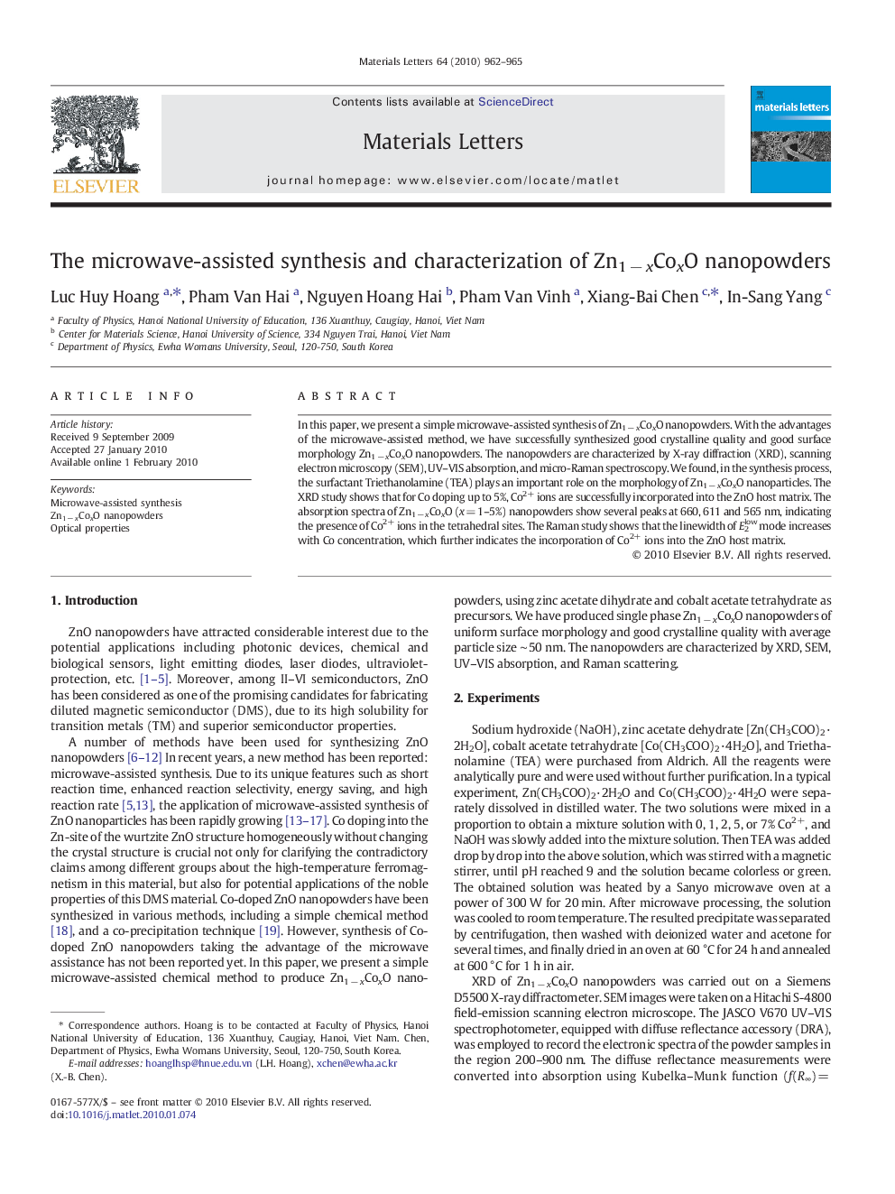 The microwave-assisted synthesis and characterization of Zn1 − xCoxO nanopowders