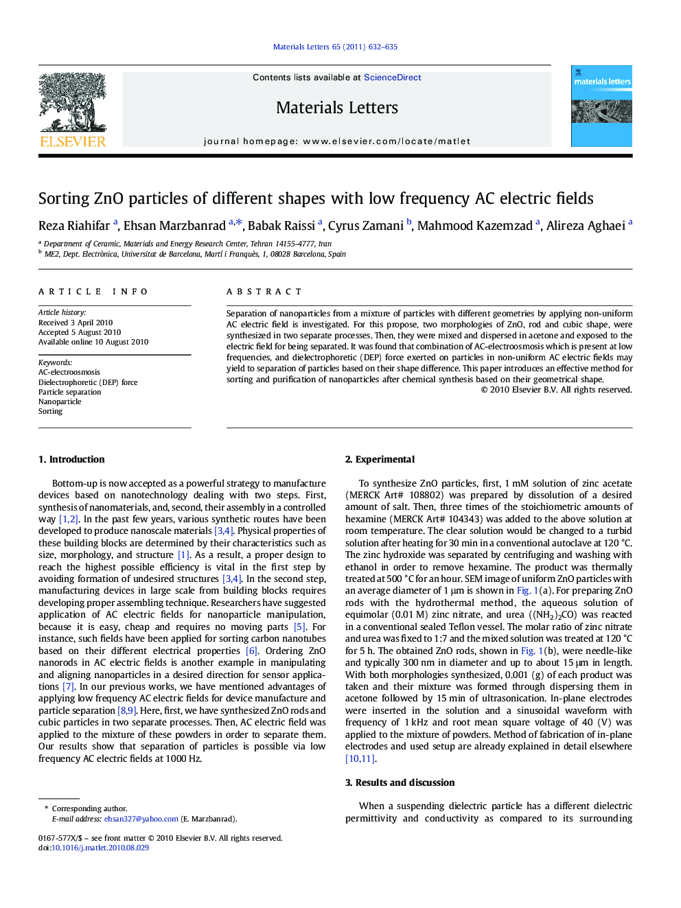 Sorting ZnO particles of different shapes with low frequency AC electric fields