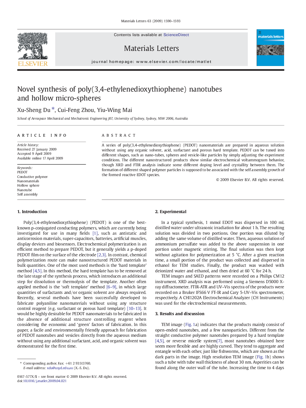 عکس صفحه اول مقاله: Novel synthesis of poly(3,4-ethylenedioxythiophene) nanotubes and hollow micro-spheres Novel synthesis of poly(3,4-ethylenedioxythiophene) nanotubes and hollow micro-spheres