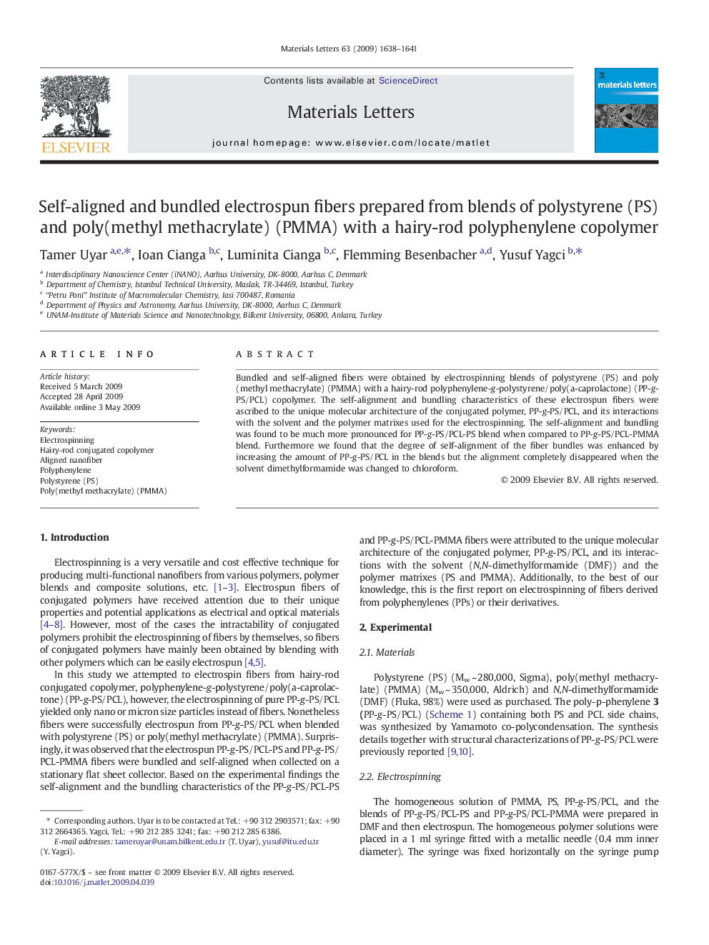 Self-aligned and bundled electrospun fibers prepared from blends of polystyrene (PS) and poly(methyl methacrylate) (PMMA) with a hairy-rod polyphenylene copolymer