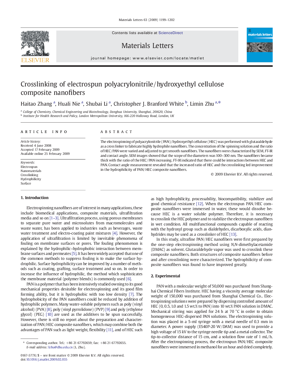 Crosslinking of electrospun polyacrylonitrile/hydroxyethyl cellulose composite nanofibers