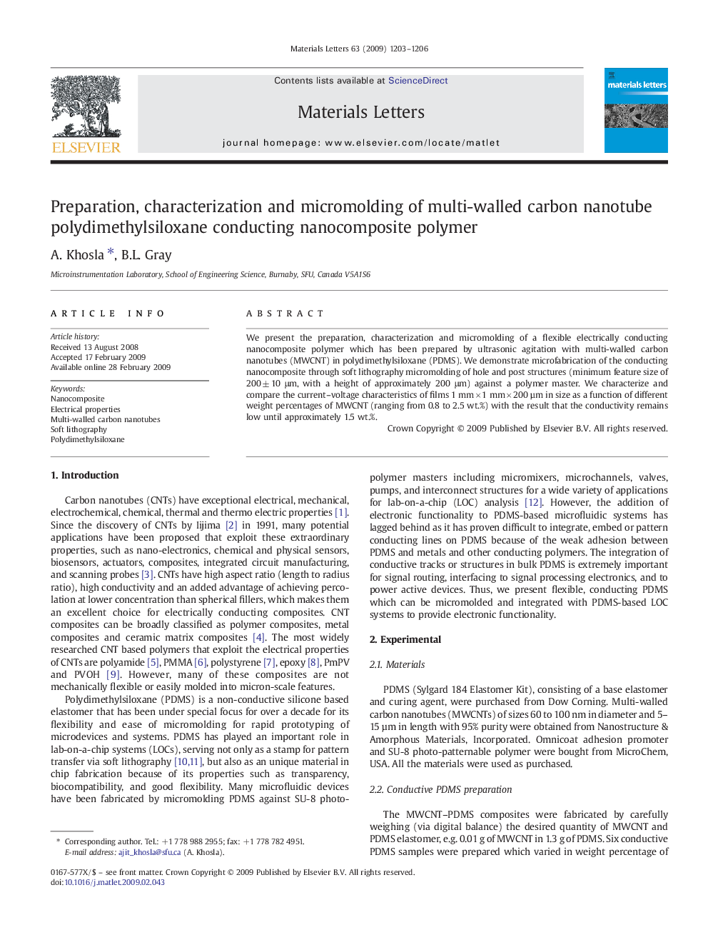 Preparation, characterization and micromolding of multi-walled carbon nanotube polydimethylsiloxane conducting nanocomposite polymer