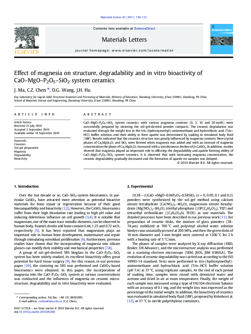 Effect of magnesia on structure, degradability and in vitro bioactivity of CaO–MgO–P2O5–SiO2 system ceramics