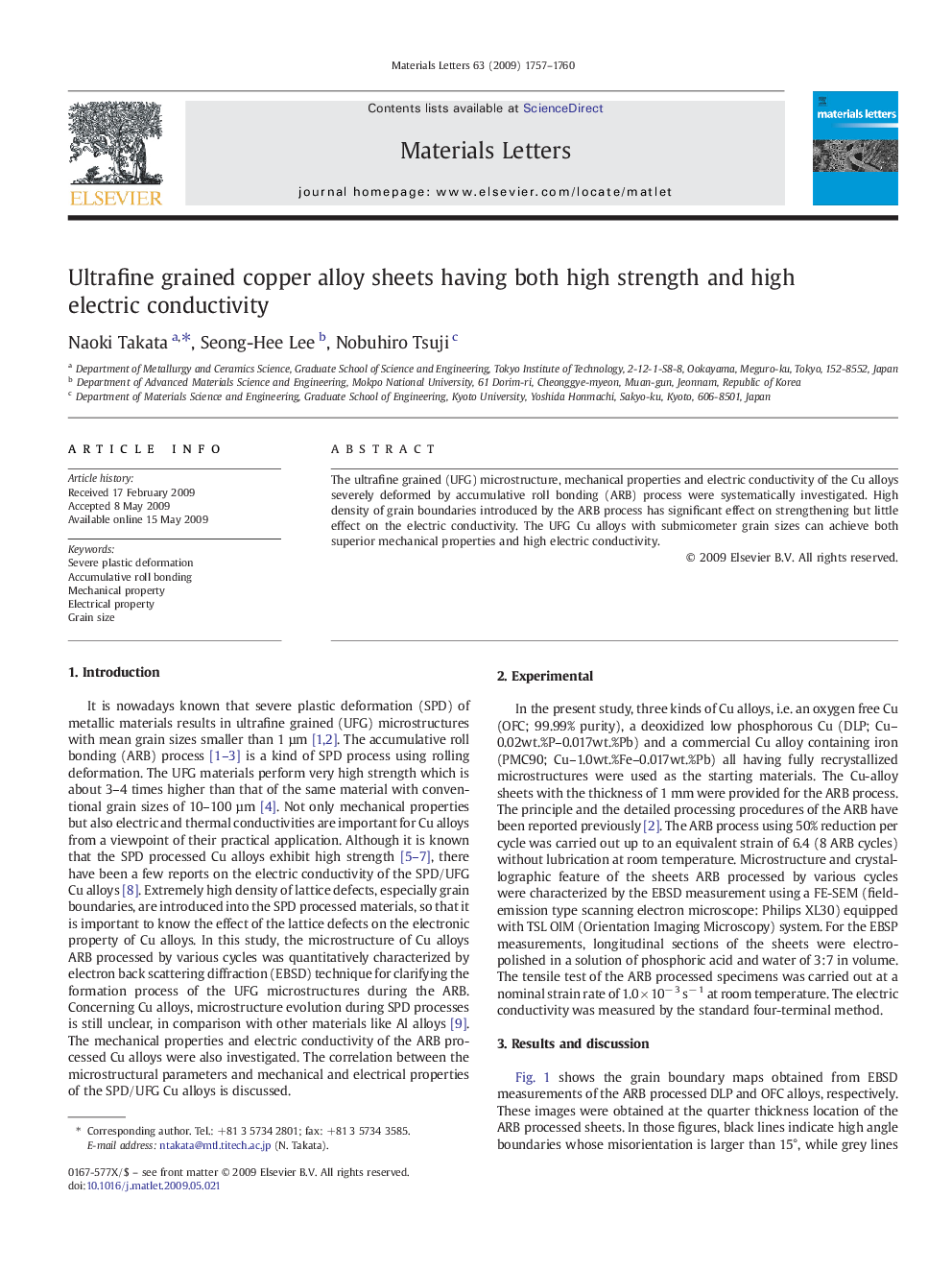 Ultrafine grained copper alloy sheets having both high strength and high electric conductivity