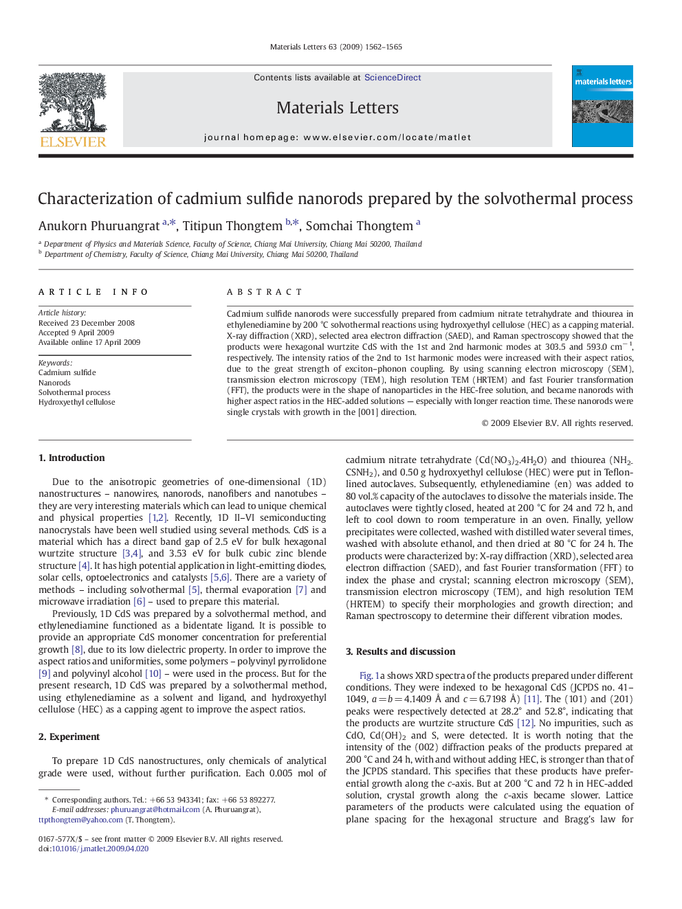 Characterization of cadmium sulfide nanorods prepared by the solvothermal process