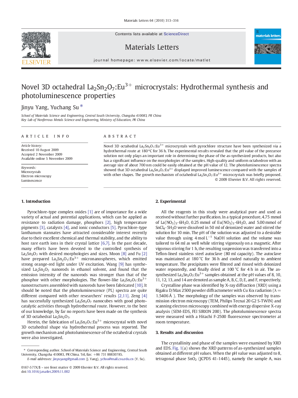 Novel 3D octahedral La2Sn2O7:Eu3+ microcrystals: Hydrothermal synthesis and photoluminescence properties