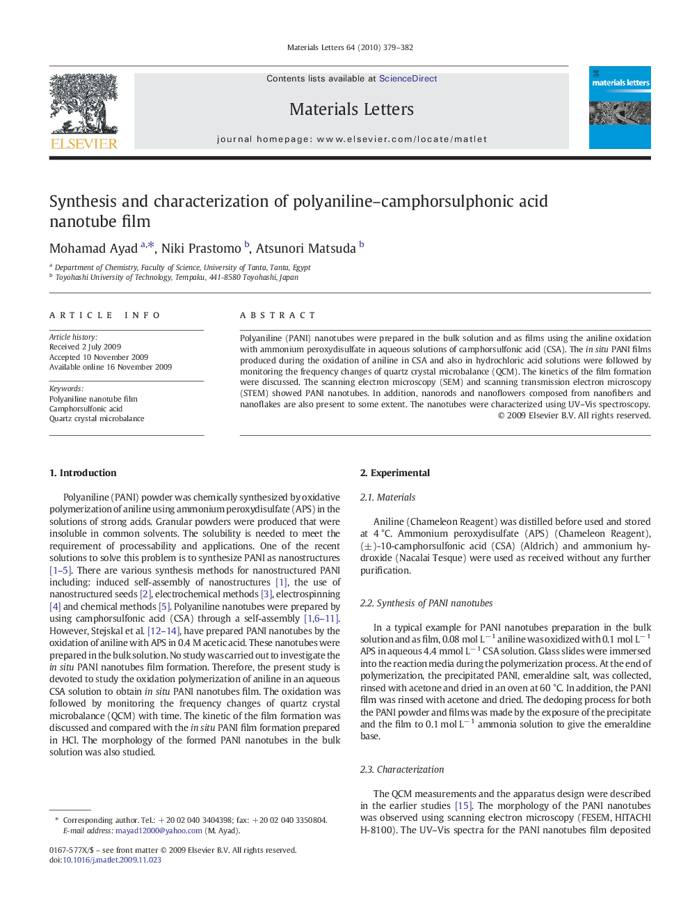 Synthesis and characterization of polyaniline–camphorsulphonic acid nanotube film