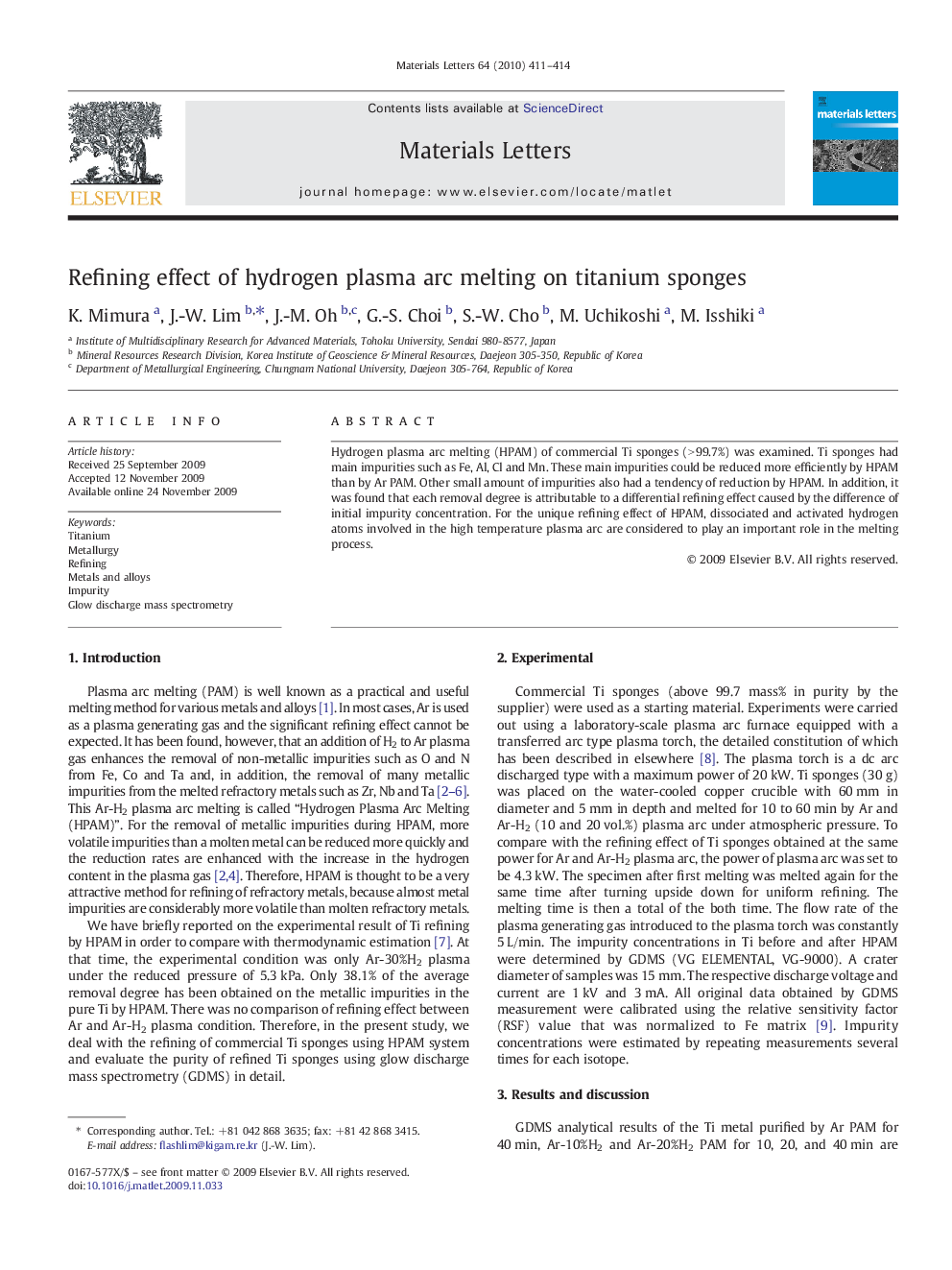 Refining effect of hydrogen plasma arc melting on titanium sponges