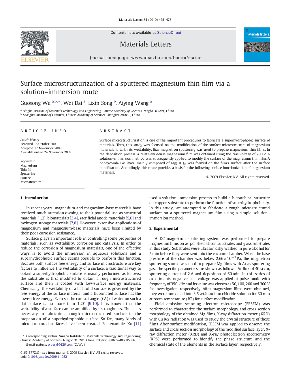 عکس صفحه اول مقاله: Surface microstructurization of a sputtered magnesium thin film via a solution–immersion route Surface microstructurization of a sputtered magnesium thin film via a solution–immersion route