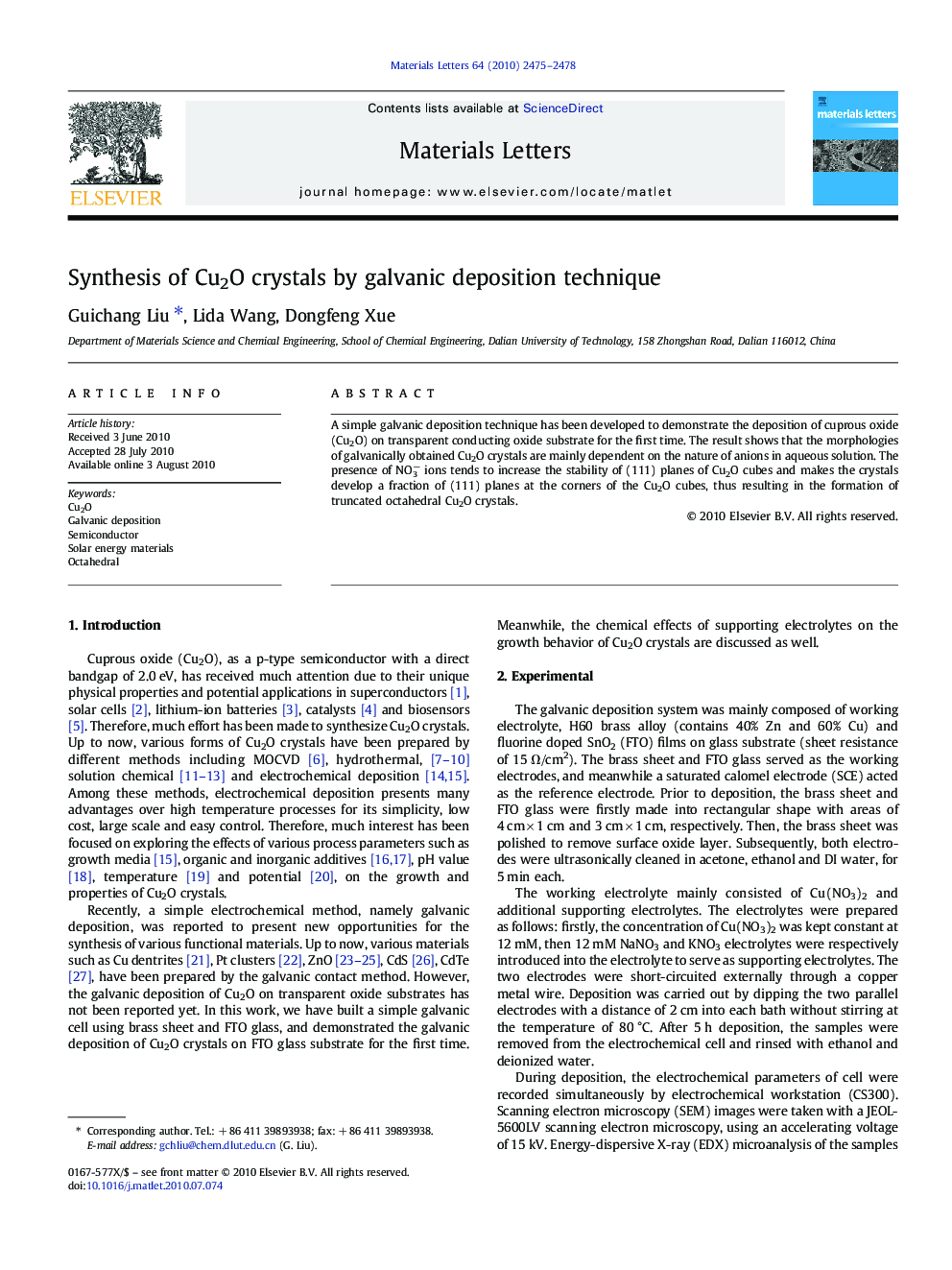 Synthesis of Cu2O crystals by galvanic deposition technique