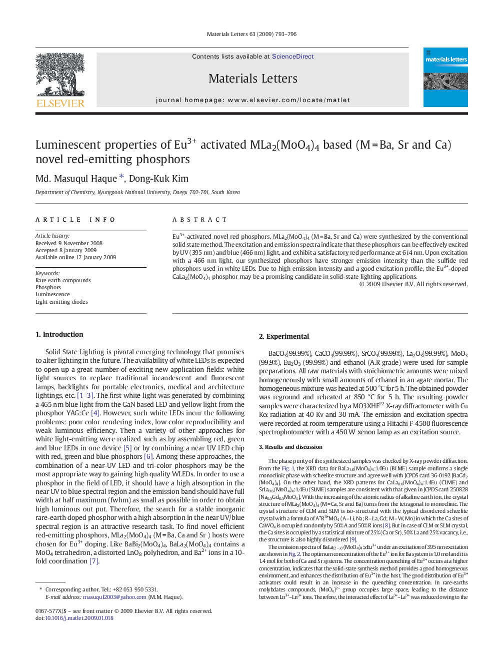 Luminescent properties of Eu3+ activated MLa2(MoO4)4 based (M = Ba, Sr and Ca) novel red-emitting phosphors