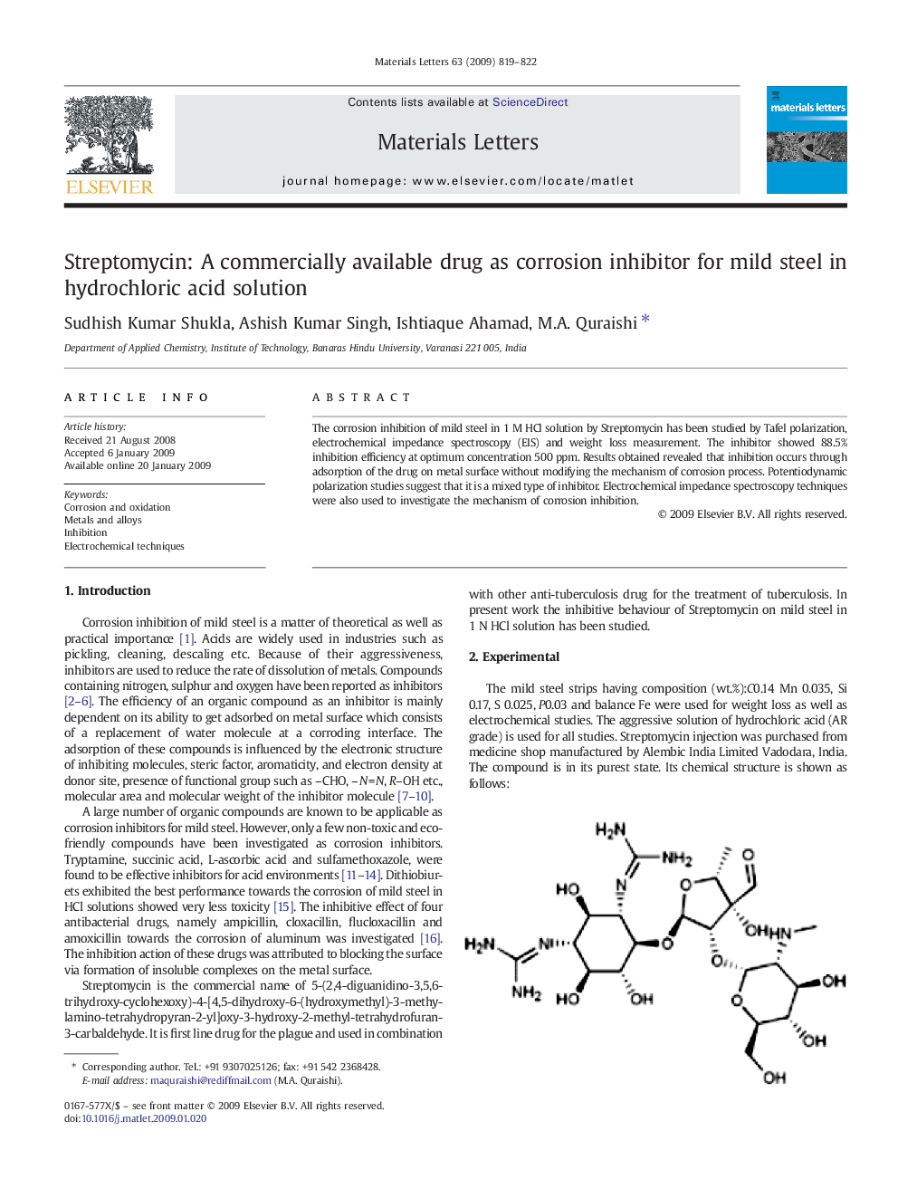 Streptomycin: A commercially available drug as corrosion inhibitor for mild steel in hydrochloric acid solution