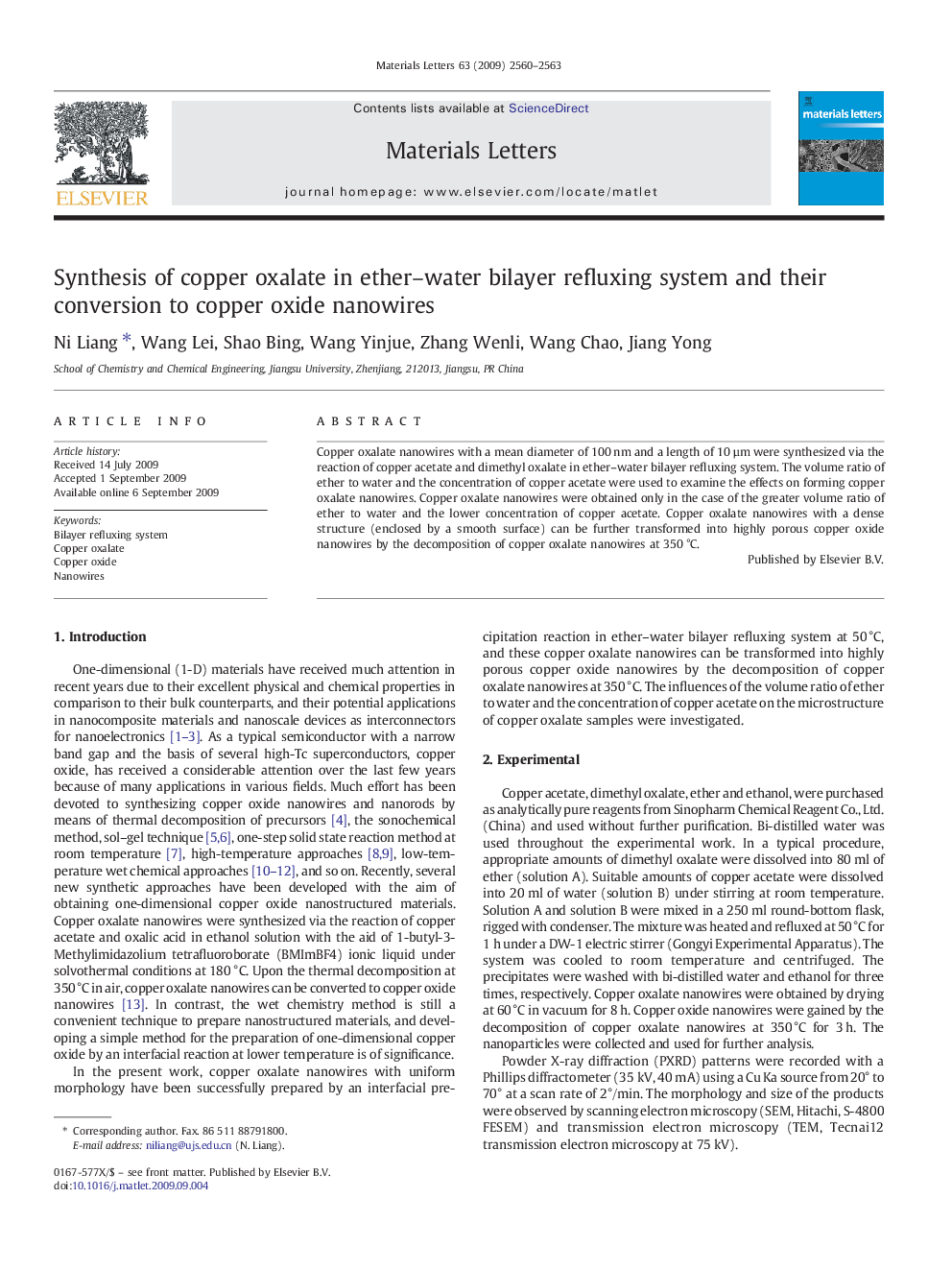 Synthesis of copper oxalate in ether-water bilayer refluxing system and their conversion to copper oxide nanowires