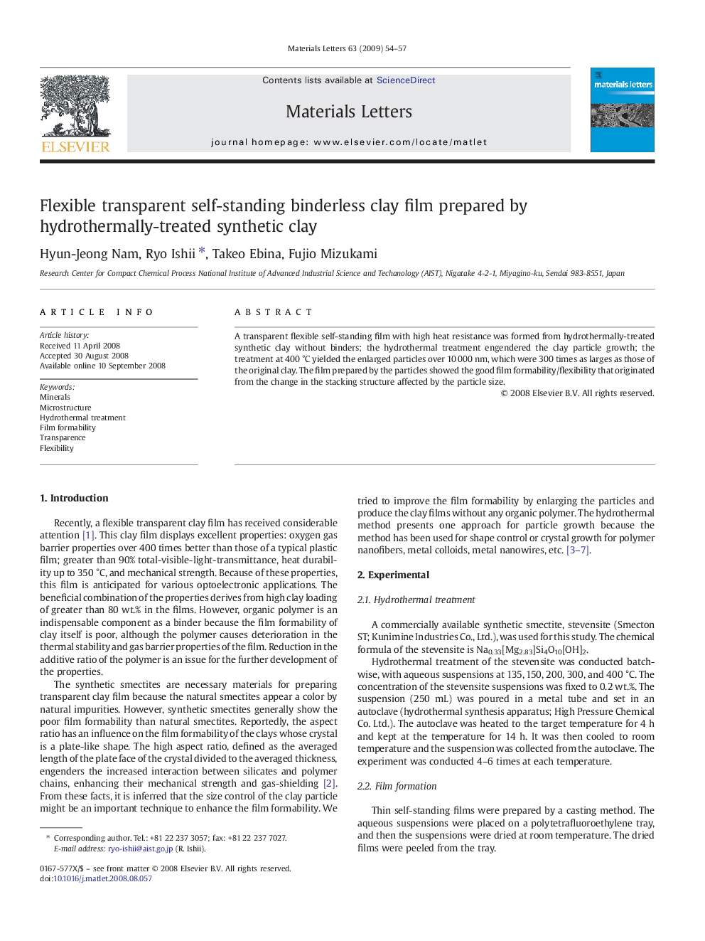 Flexible transparent self-standing binderless clay film prepared by hydrothermally-treated synthetic clay