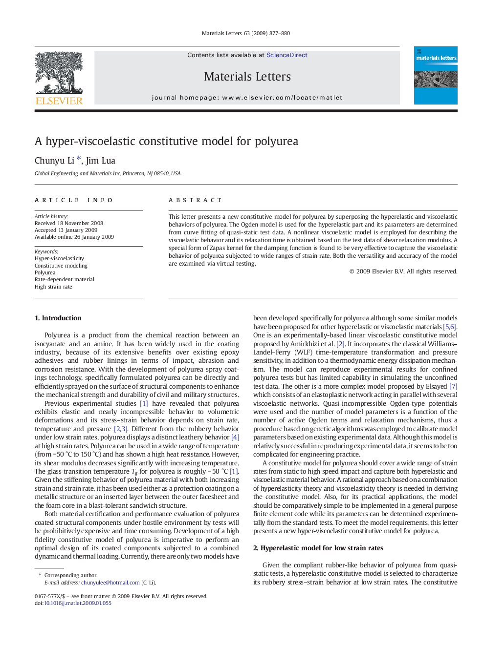 A hyper-viscoelastic constitutive model for polyurea