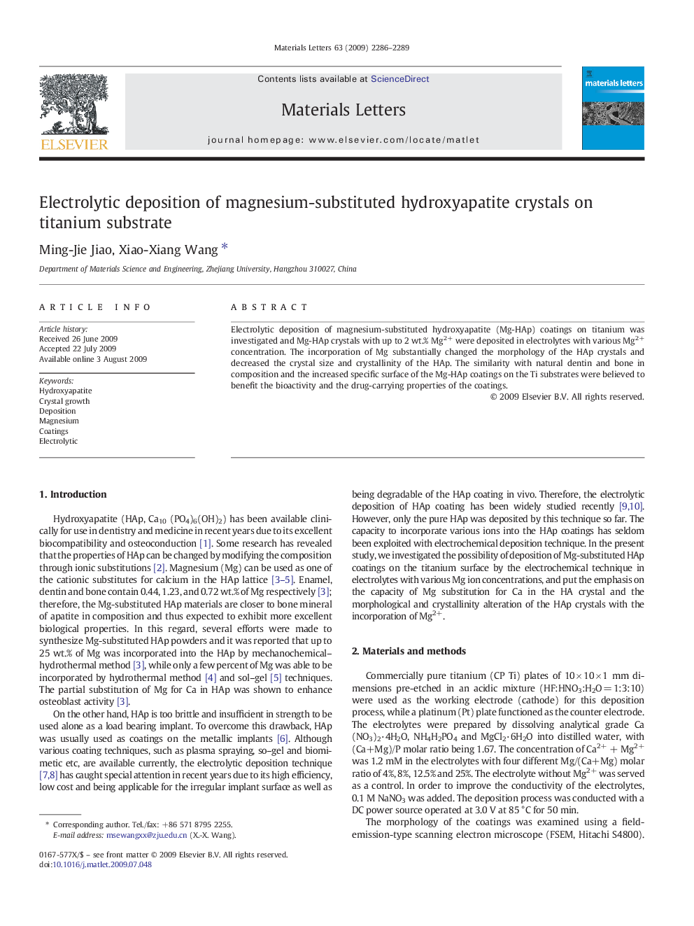 Electrolytic deposition of magnesium-substituted hydroxyapatite crystals on titanium substrate