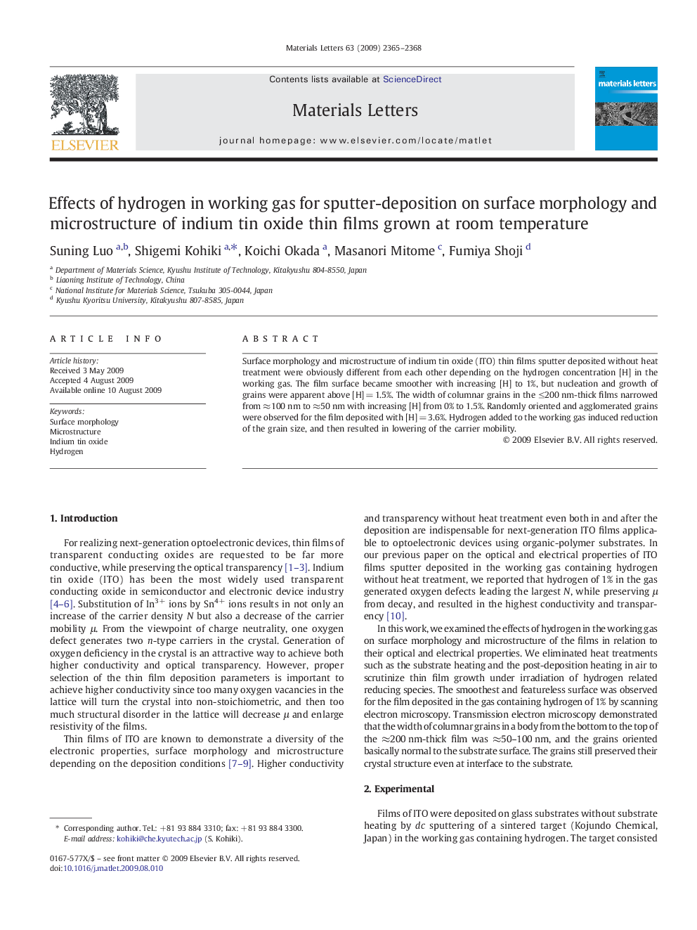 Effects of hydrogen in working gas for sputter-deposition on surface morphology and microstructure of indium tin oxide thin films grown at room temperature