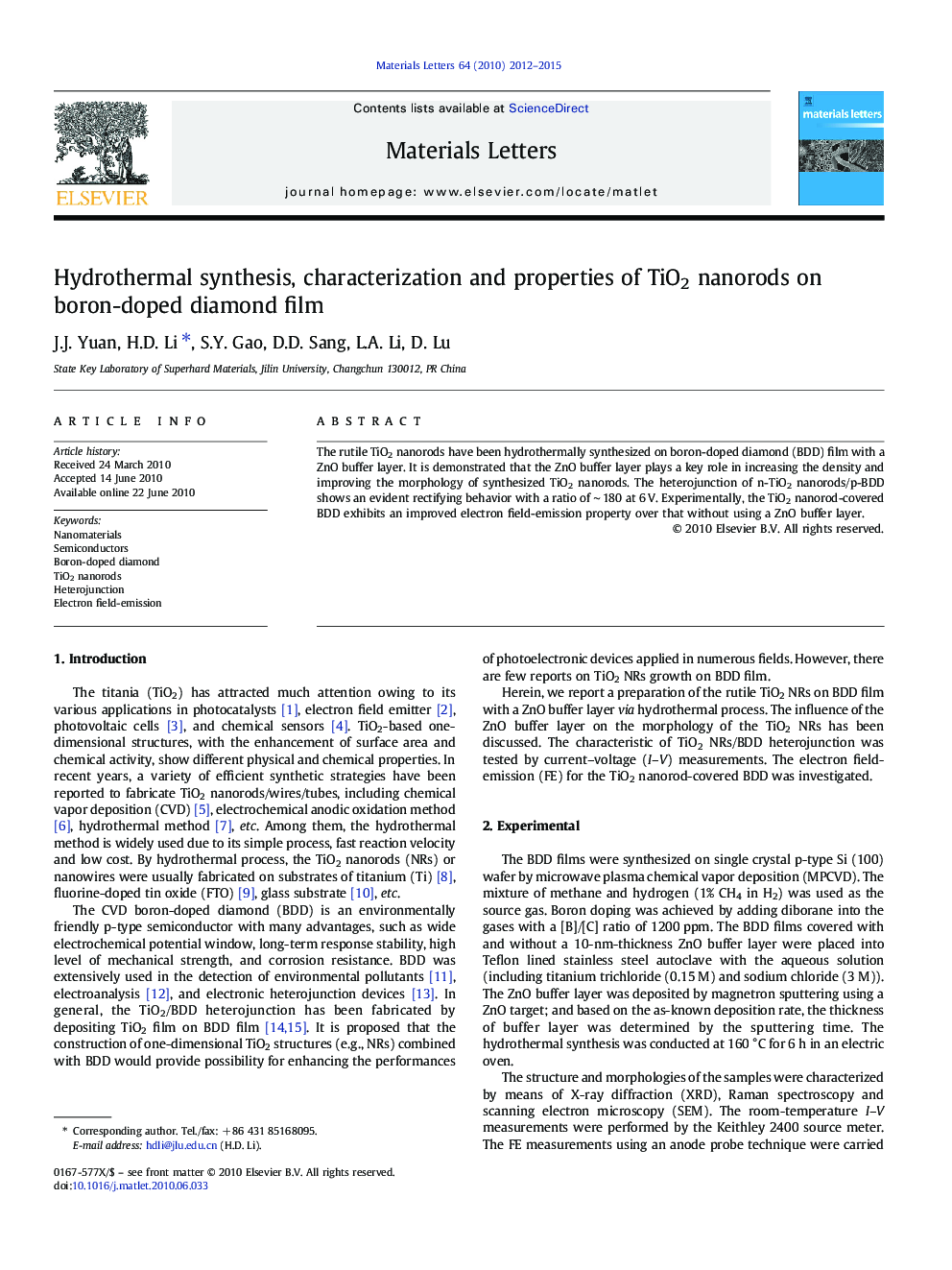 Hydrothermal synthesis, characterization and properties of TiO2 nanorods on boron-doped diamond film