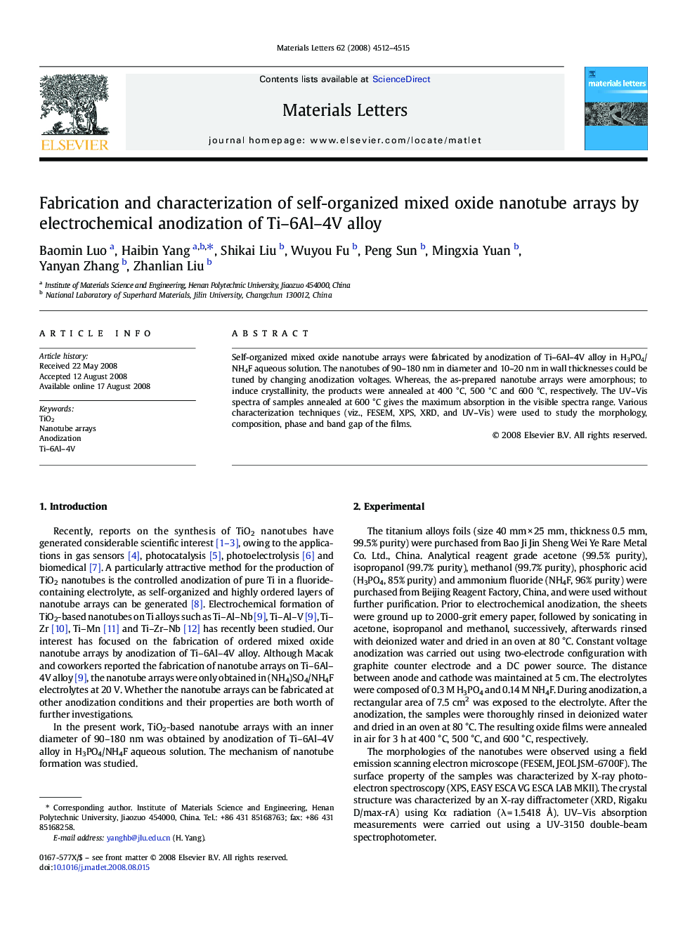 Fabrication and characterization of self-organized mixed oxide nanotube arrays by electrochemical anodization of Ti–6Al–4V alloy