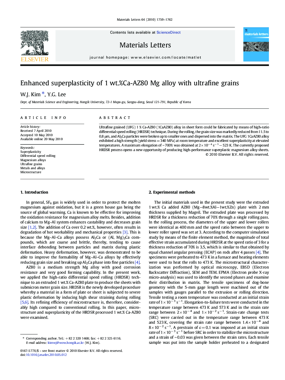 Enhanced superplasticity of 1 wt.%Ca-AZ80 Mg alloy with ultrafine grains