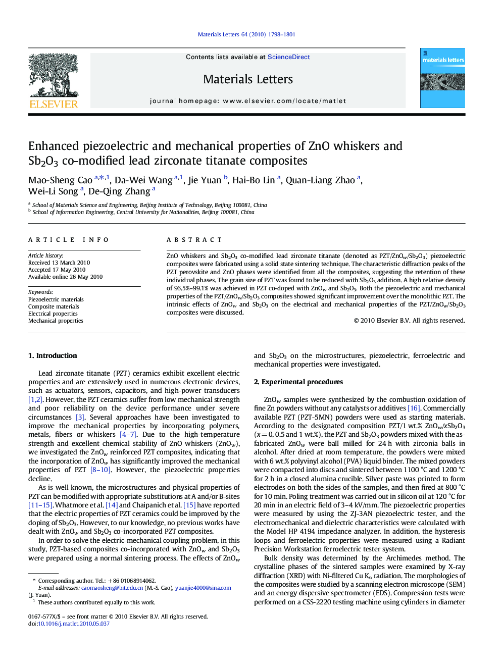 Enhanced piezoelectric and mechanical properties of ZnO whiskers and Sb2O3 co-modified lead zirconate titanate composites